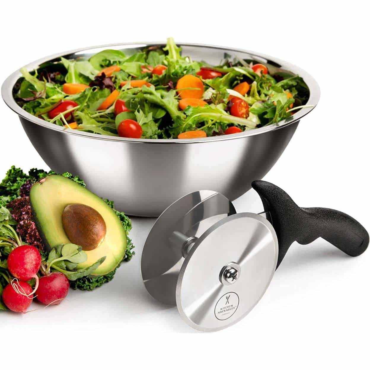 Stainless Steel Salad Cutter Bowl with Chef Grade Mezzaluna