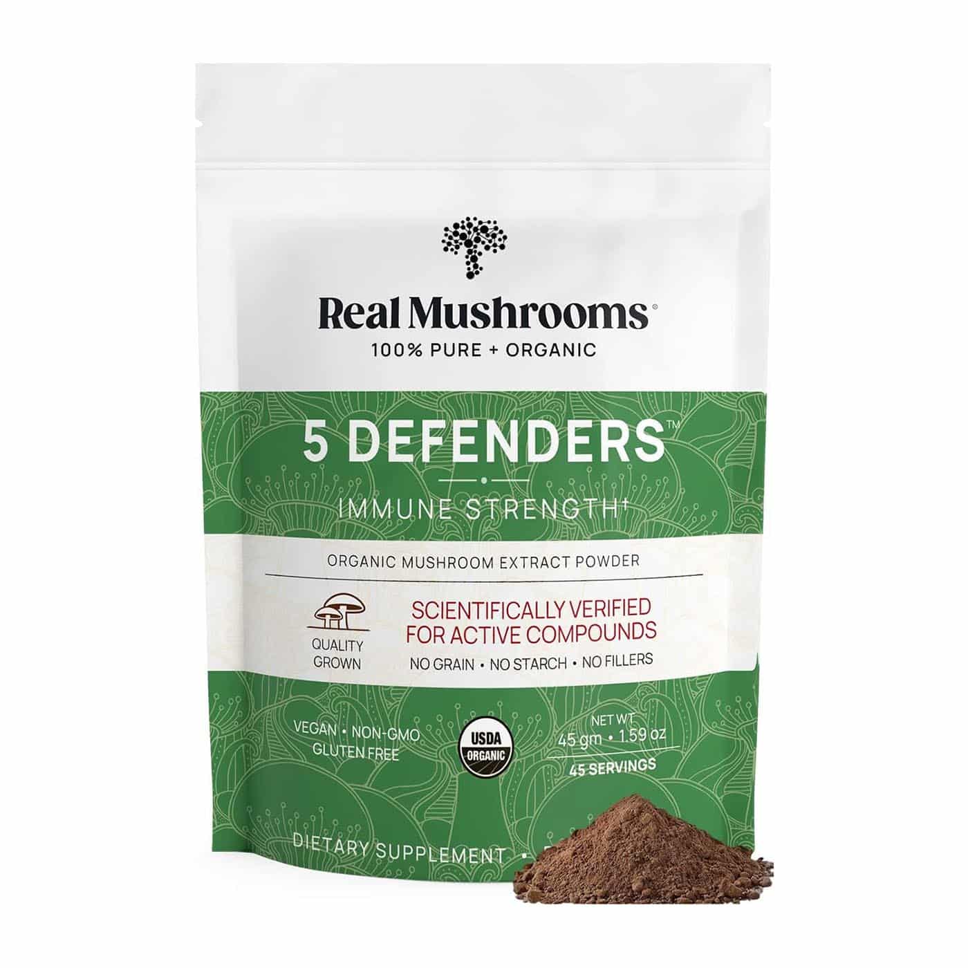 Real Mushrooms 5 Defenders Powder - Organic Mushroom Extract w/Chaga, Shiitake, Maitake, Turkey Tail, & Reishi